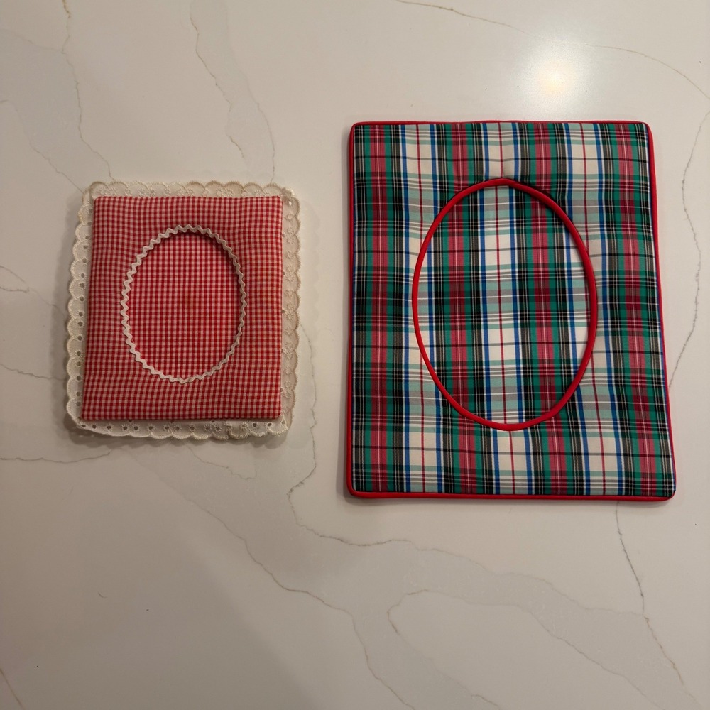 Vintage Fabric Photo Frame Set Red Gingham Eyelet Lace & Plaid Padded Frames